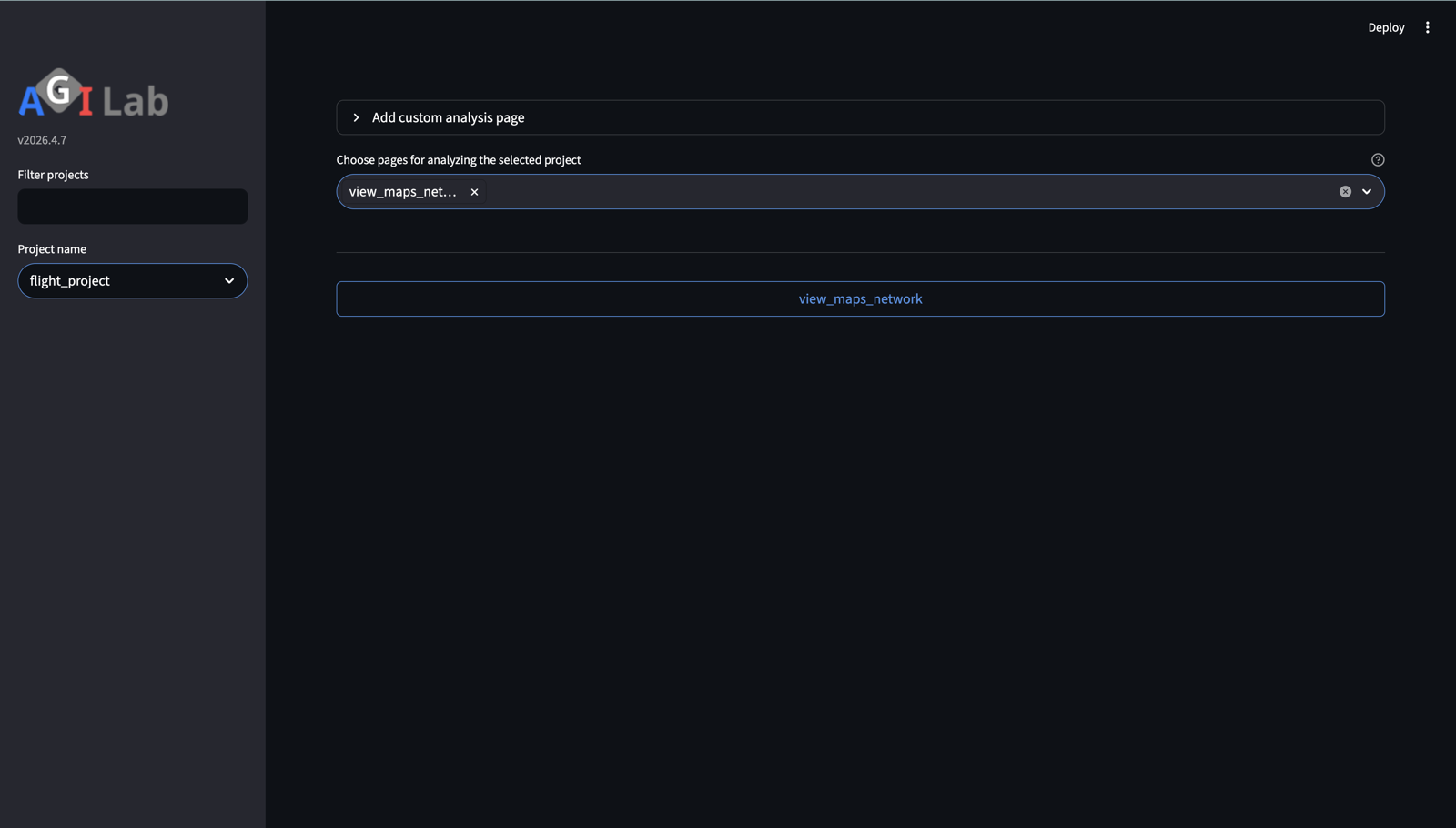 Screenshot of the ANALYSIS page showing discovered views and per-project selection.