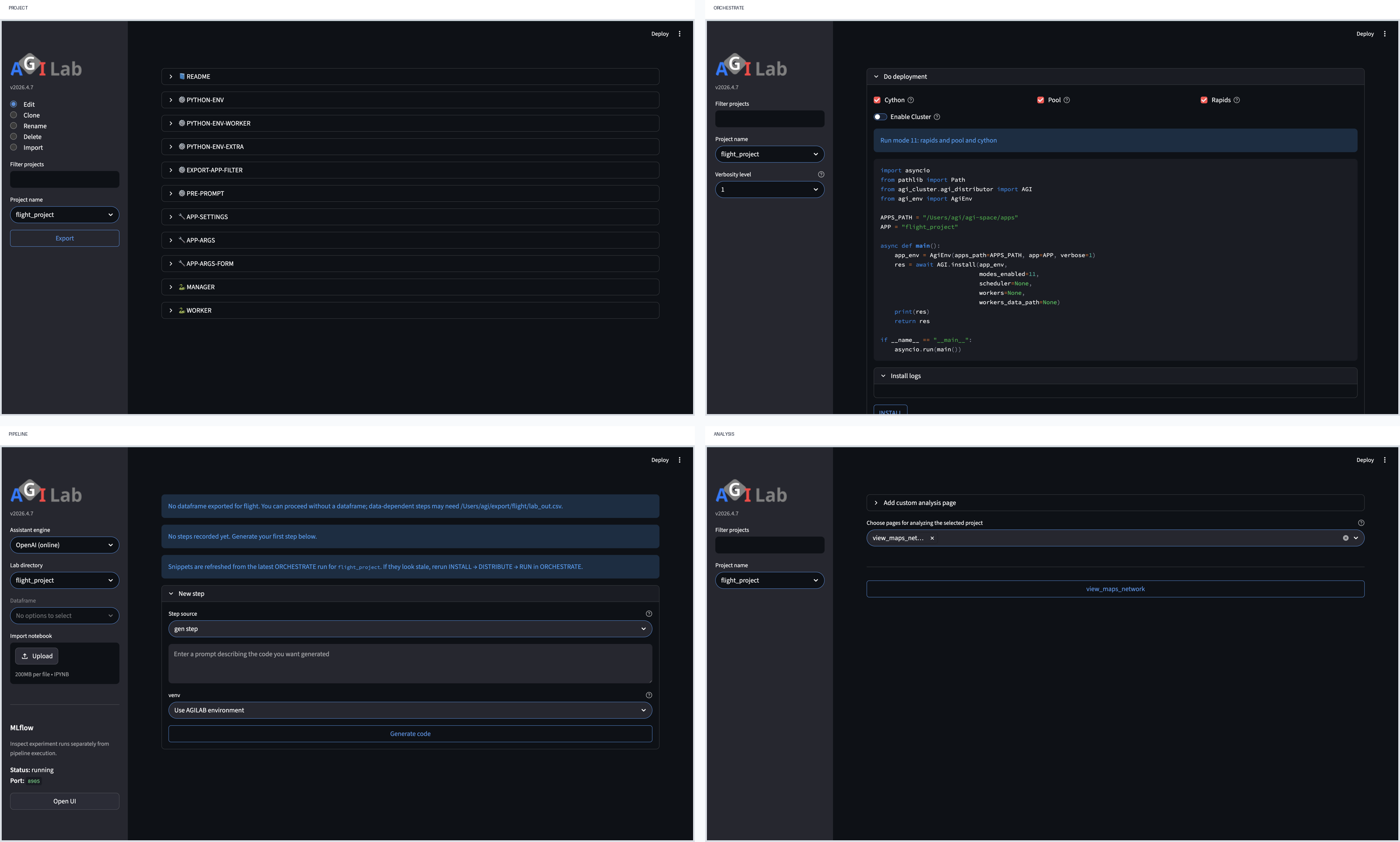 Overview screenshot montage of the PROJECT, ORCHESTRATE, PIPELINE, and ANALYSIS Streamlit pages.