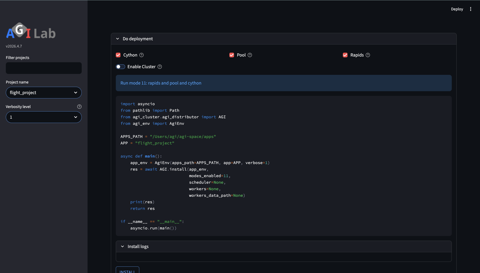 Screenshot of the ORCHESTRATE page showing system settings, install, distribute, and run areas.