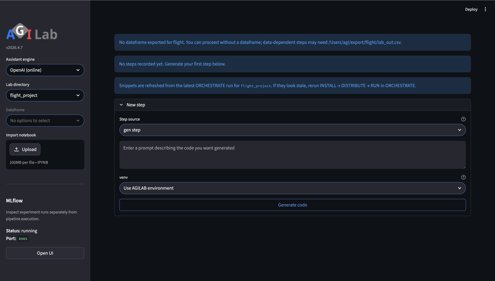 Screenshot of the PIPELINE page showing the lab-step workspace where generated snippets are imported and rerun.