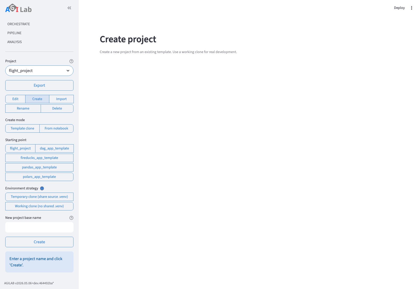 Screenshot of the PROJECT Create action with starting point, environment strategy, and new project name controls.