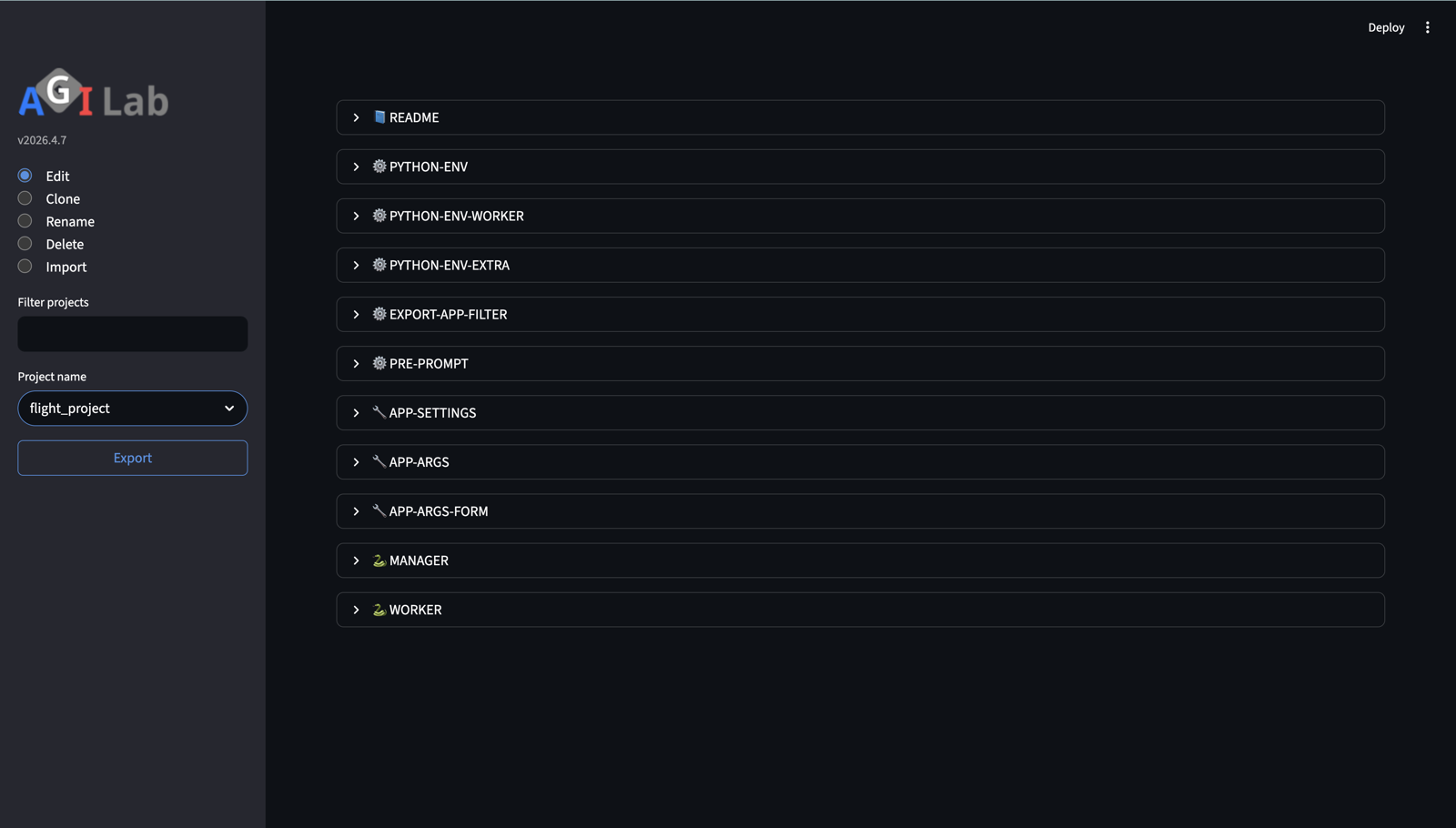Screenshot of the PROJECT page with the project selector and source-file expanders.