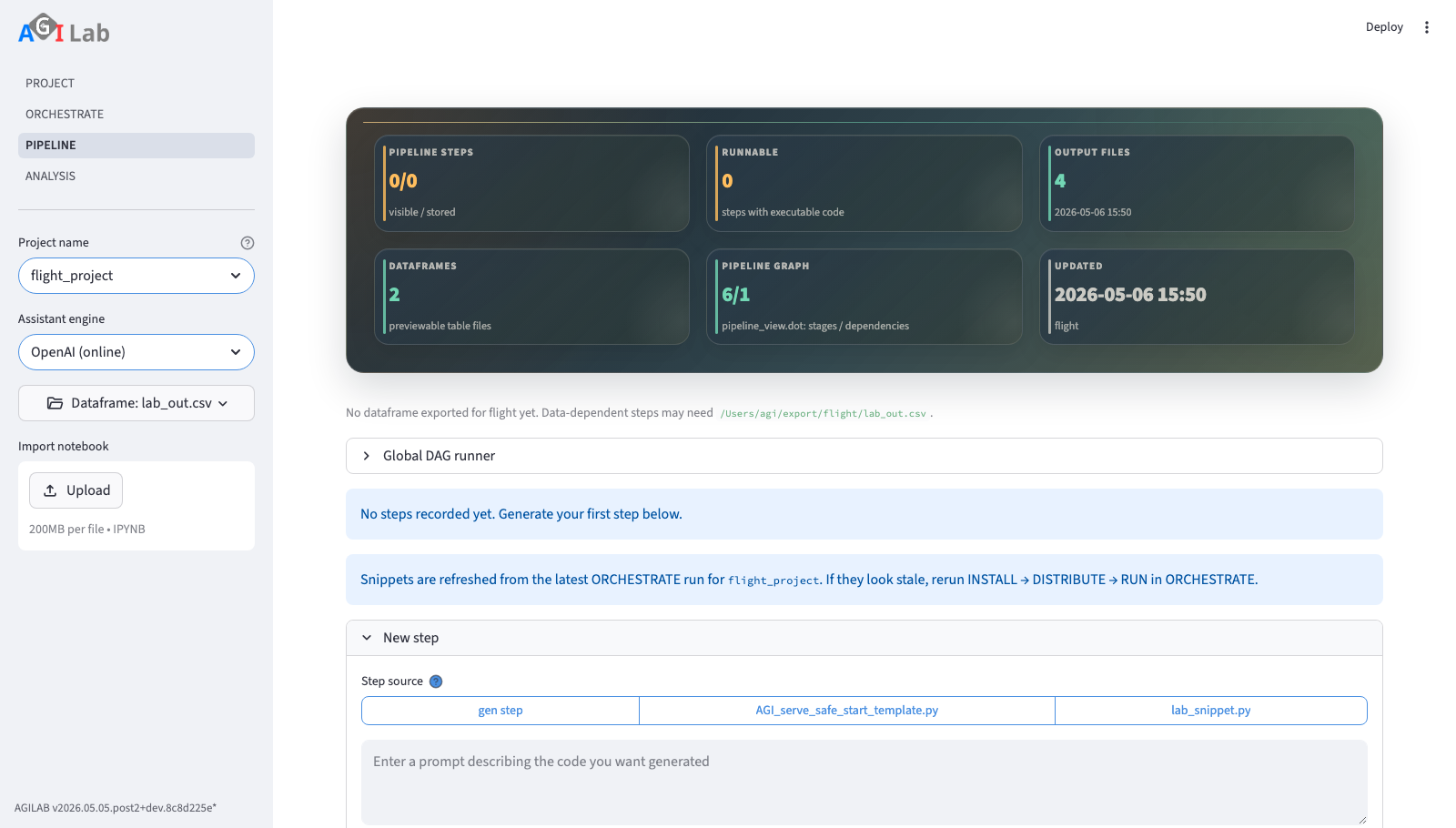 Screenshot of the WORKFLOW page with assistant controls, lab directory selectors, and dataframe selection.